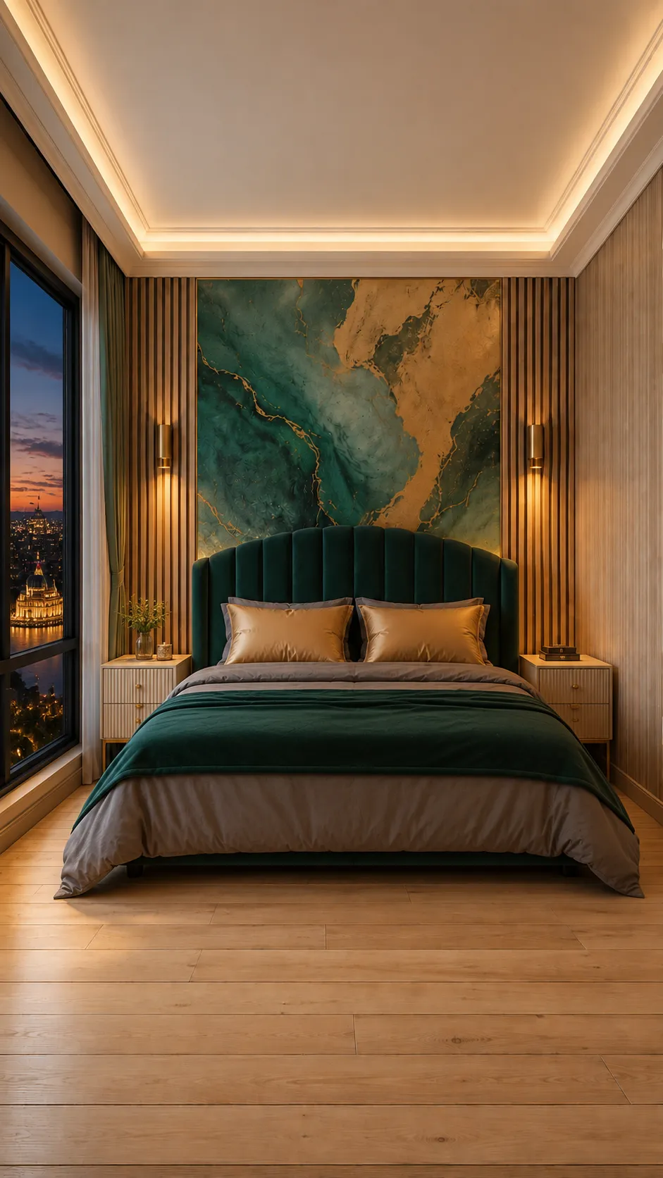 Dormitorio con panel verde y dorado montado sobre listones