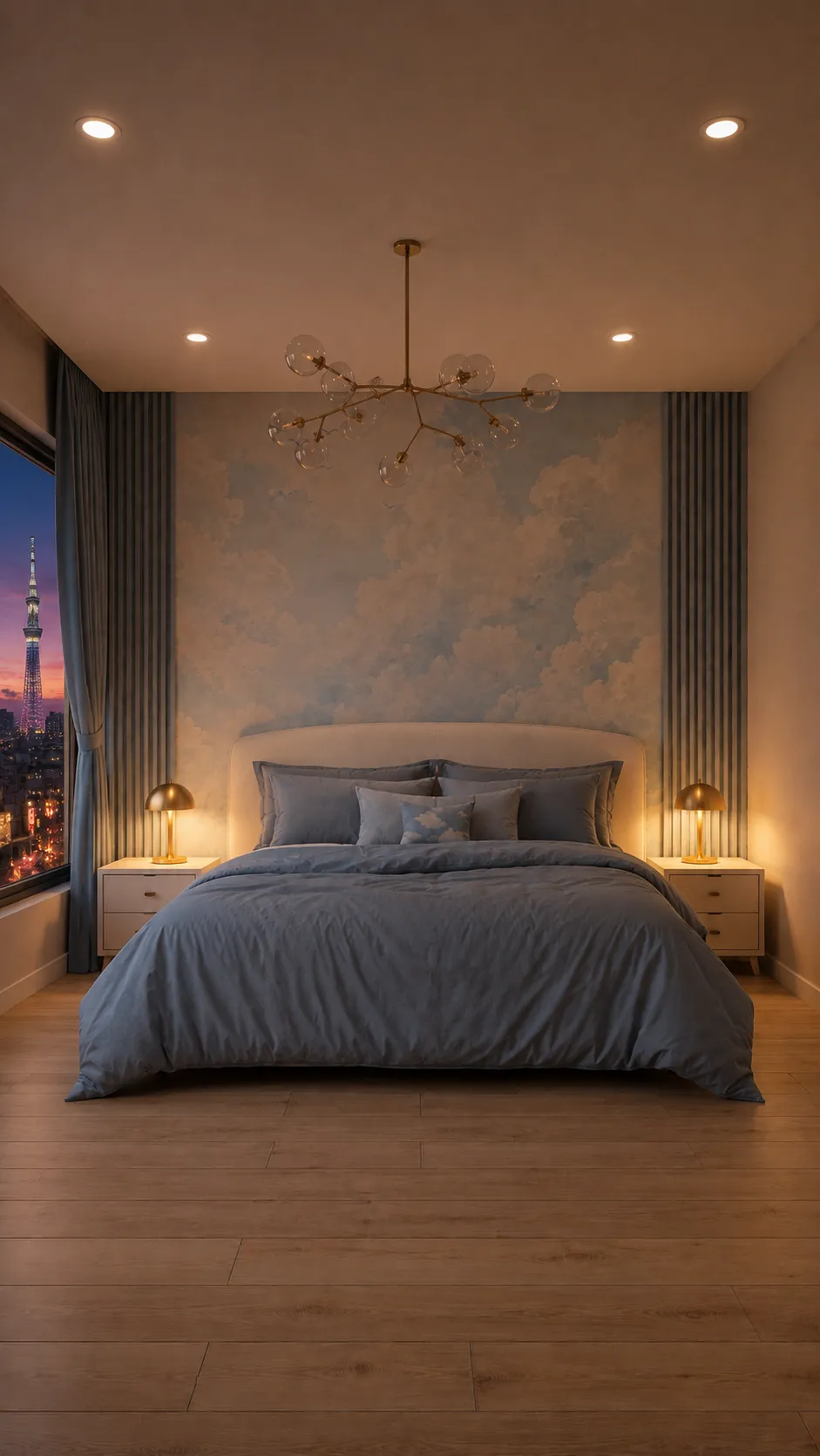 Dormitorio con mural de nubes y lámpara de ramas sobre la cama