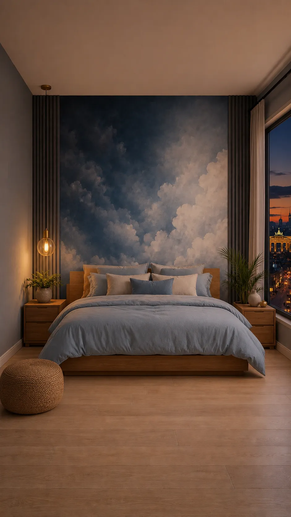 Dormitorio con mural de nubes llevado hasta el techo