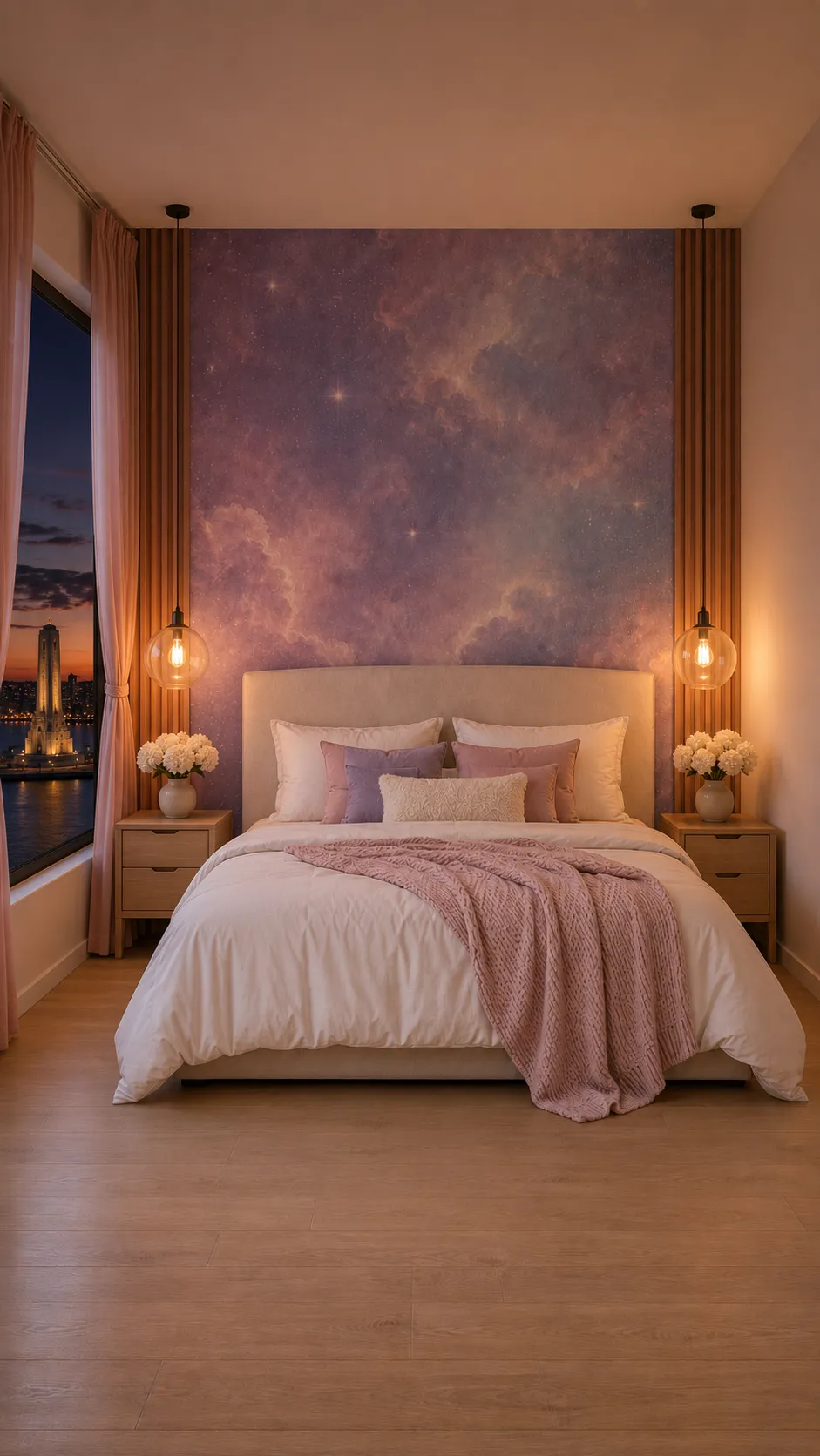 Dormitorio con mural de nebulosa y bombillas a la vista junto a la cama