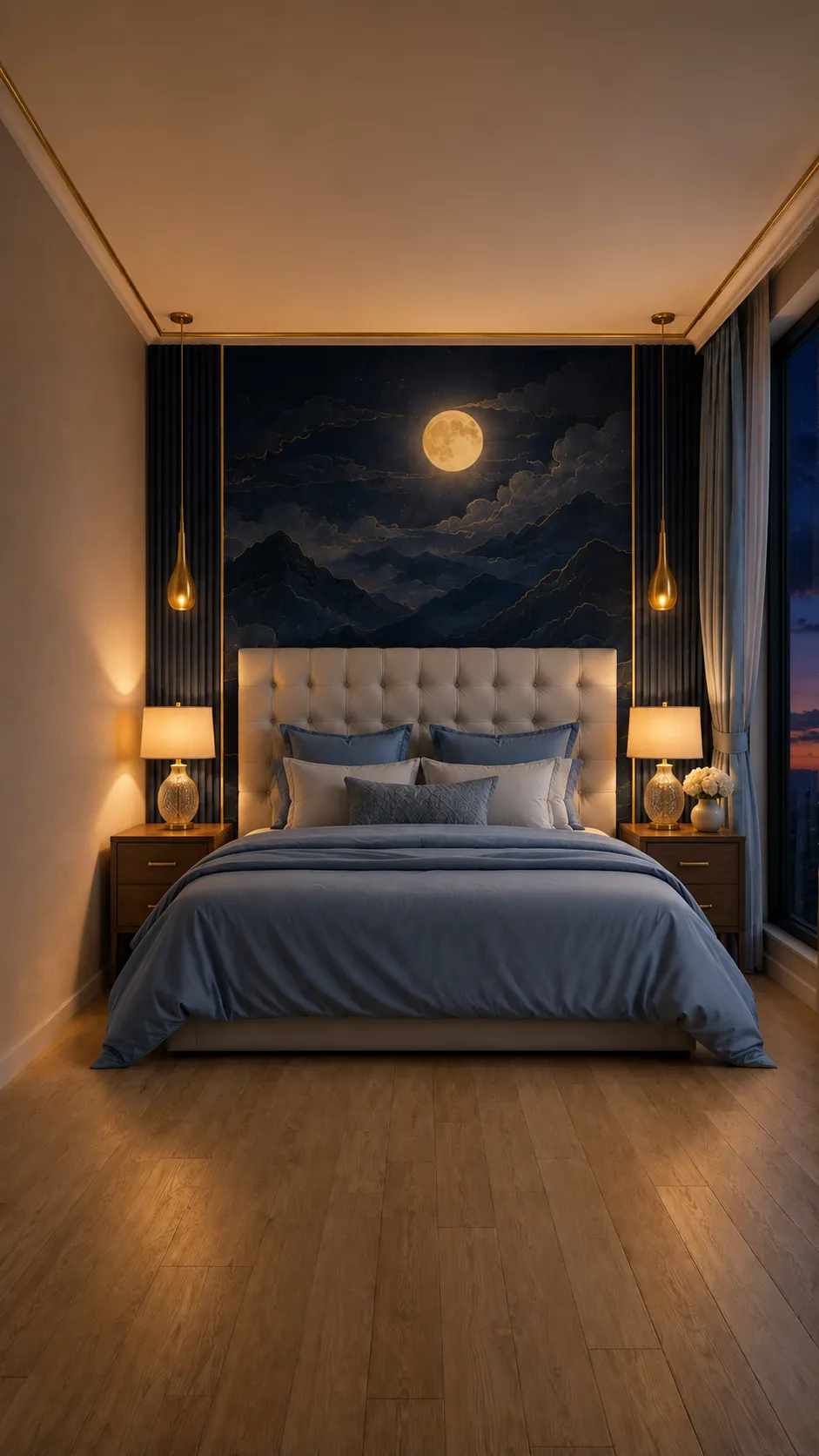 Dormitorio con mural de luna y dos luces en cada mesilla