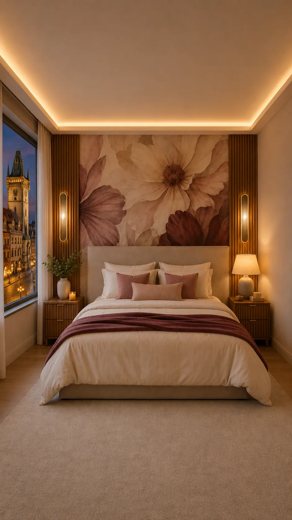 Dormitorio con mural de flores gigantes en crema y burdeos