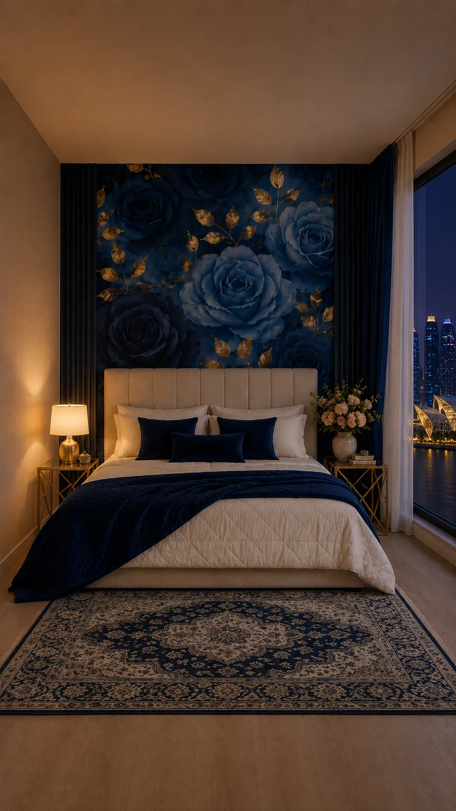 Dormitorio con mural floral azul noche y muebles dorados