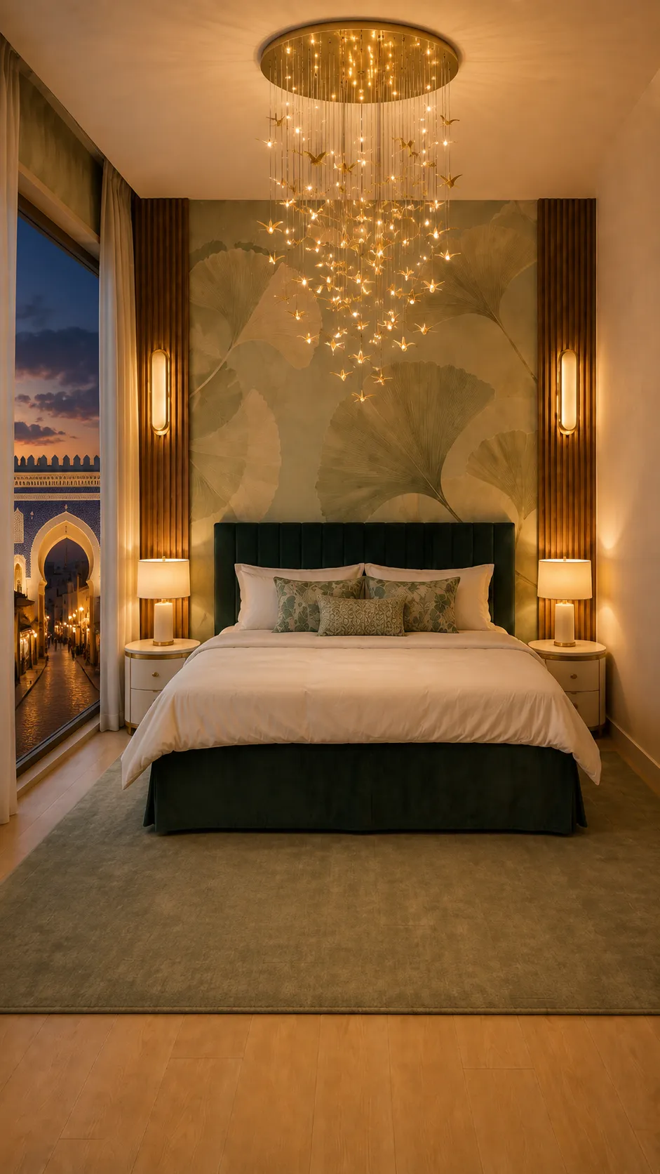 Dormitorio con mural de ginkgo y lámpara de varillas sobre la cama