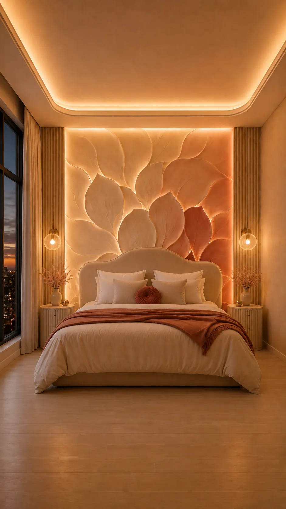 Dormitorio con panel de relieve retroiluminado en degradado coral