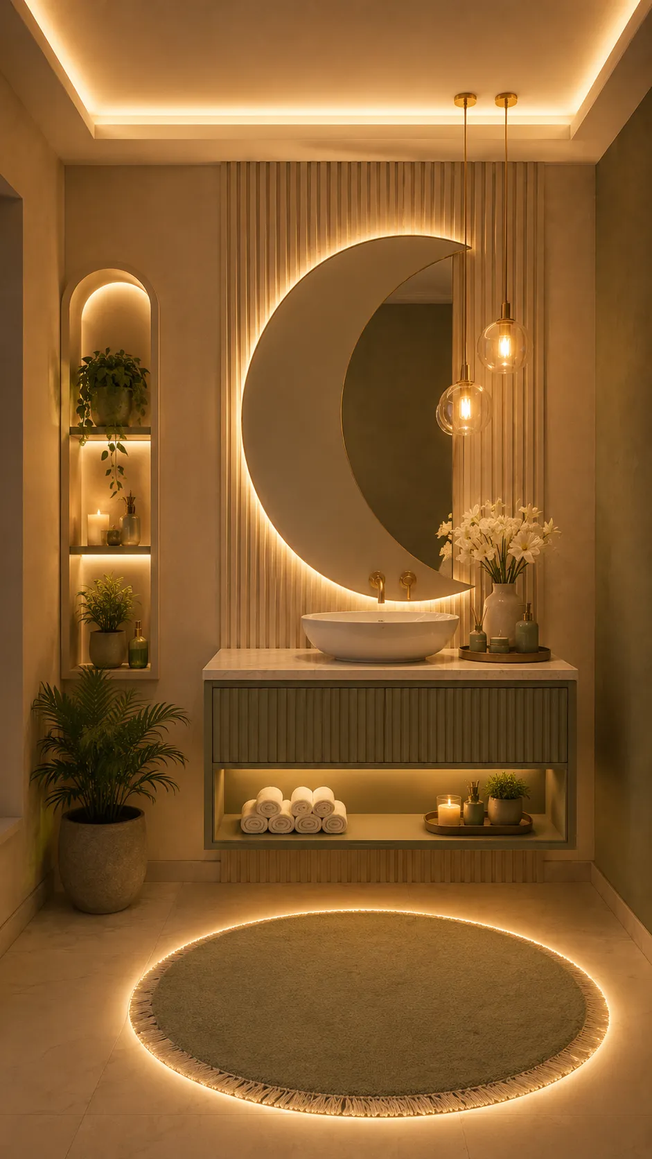 Baño con espejo recortado en luna y mueble estriado verde