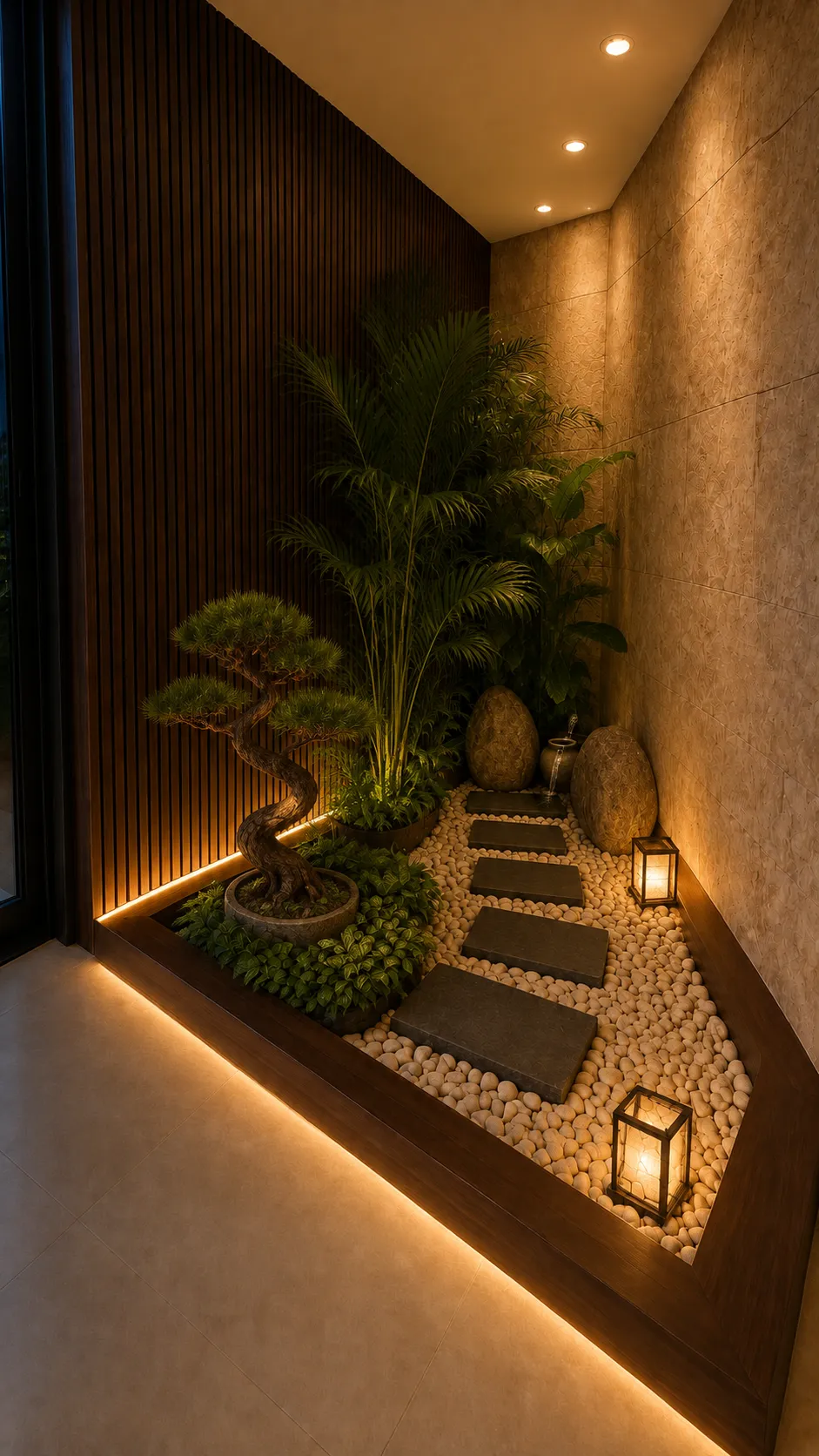 Rincón de jardín japonés de interior con pino formado y grava clara