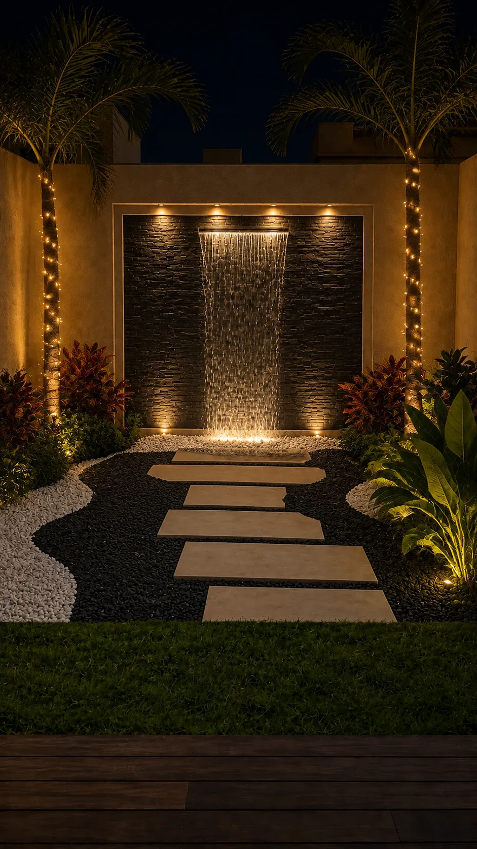 Jardín nocturno con pasaderas hacia una cascada de piedra apilada