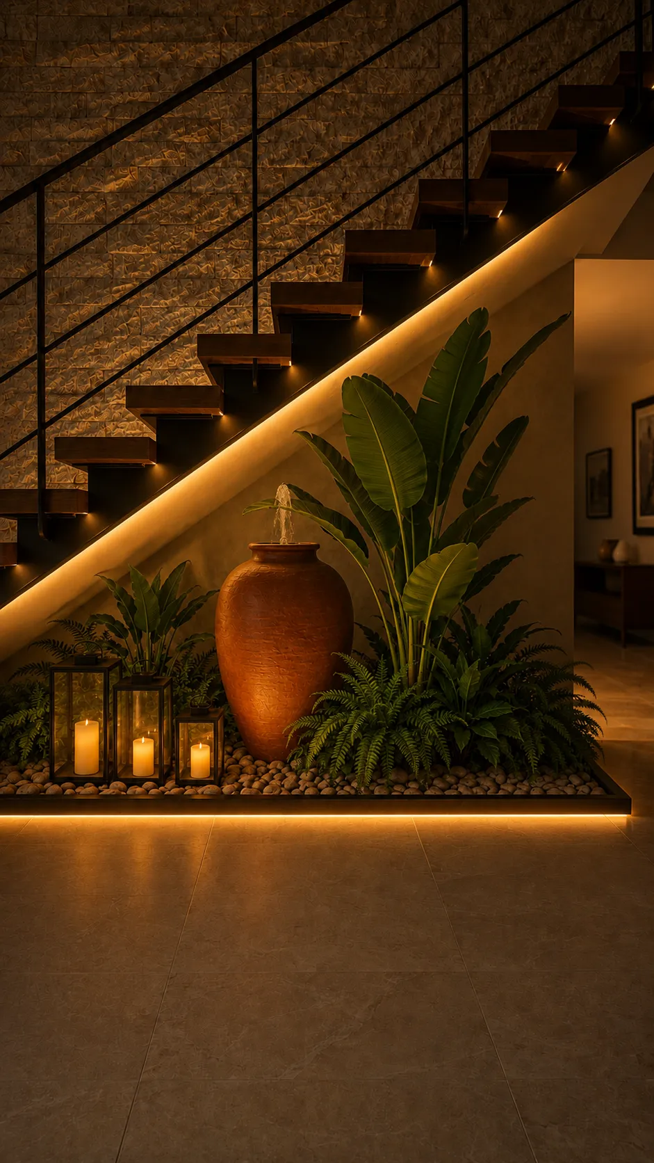 Parterre tropical bajo la escalera con fuente de tinaja y helechos