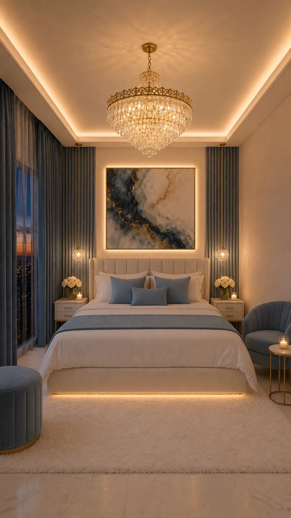 Dormitorio glam con cortinas como revestimiento y cuadro retroiluminado