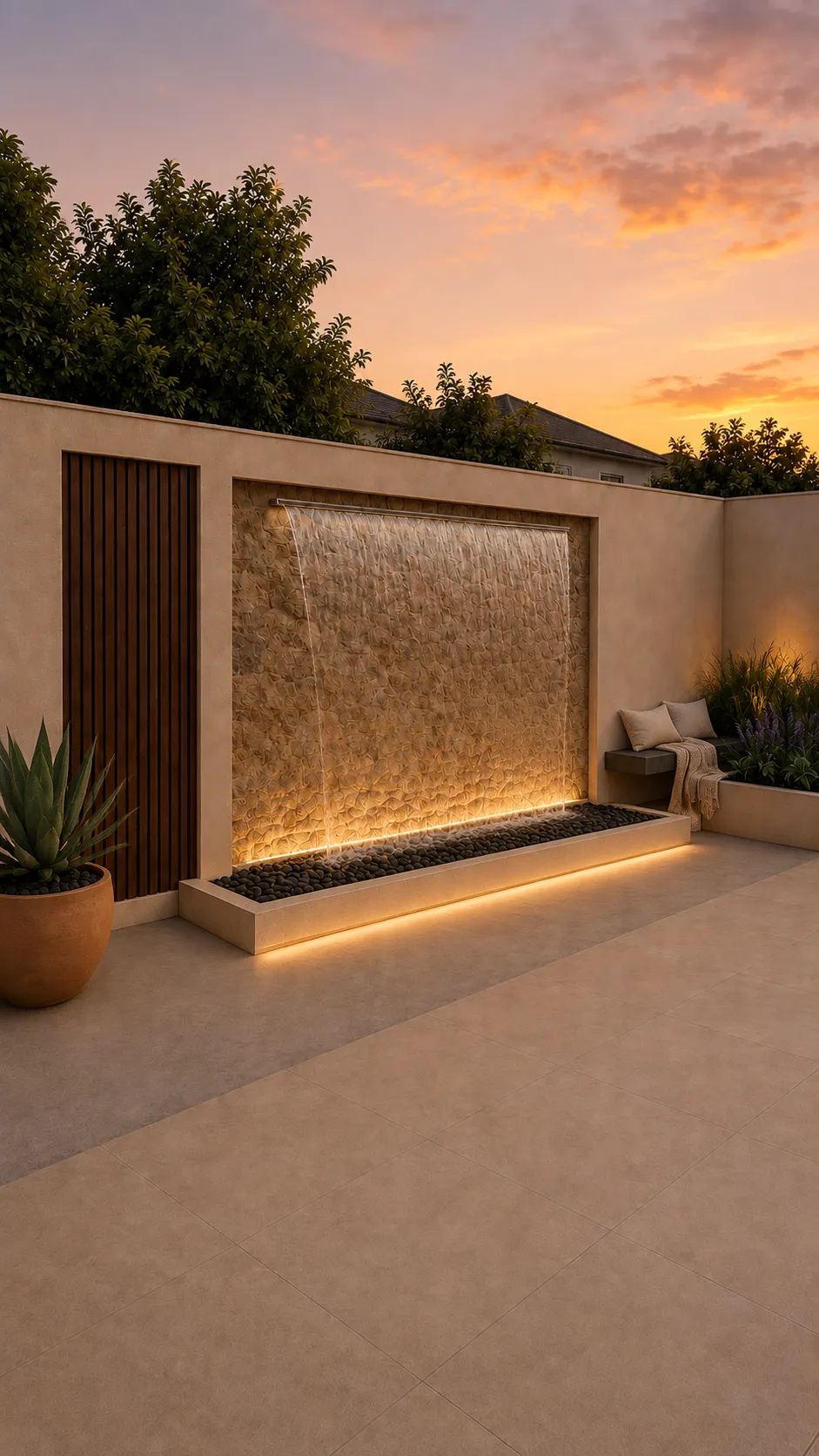 Patio con muro de agua iluminado desde la base y pila de canto negro