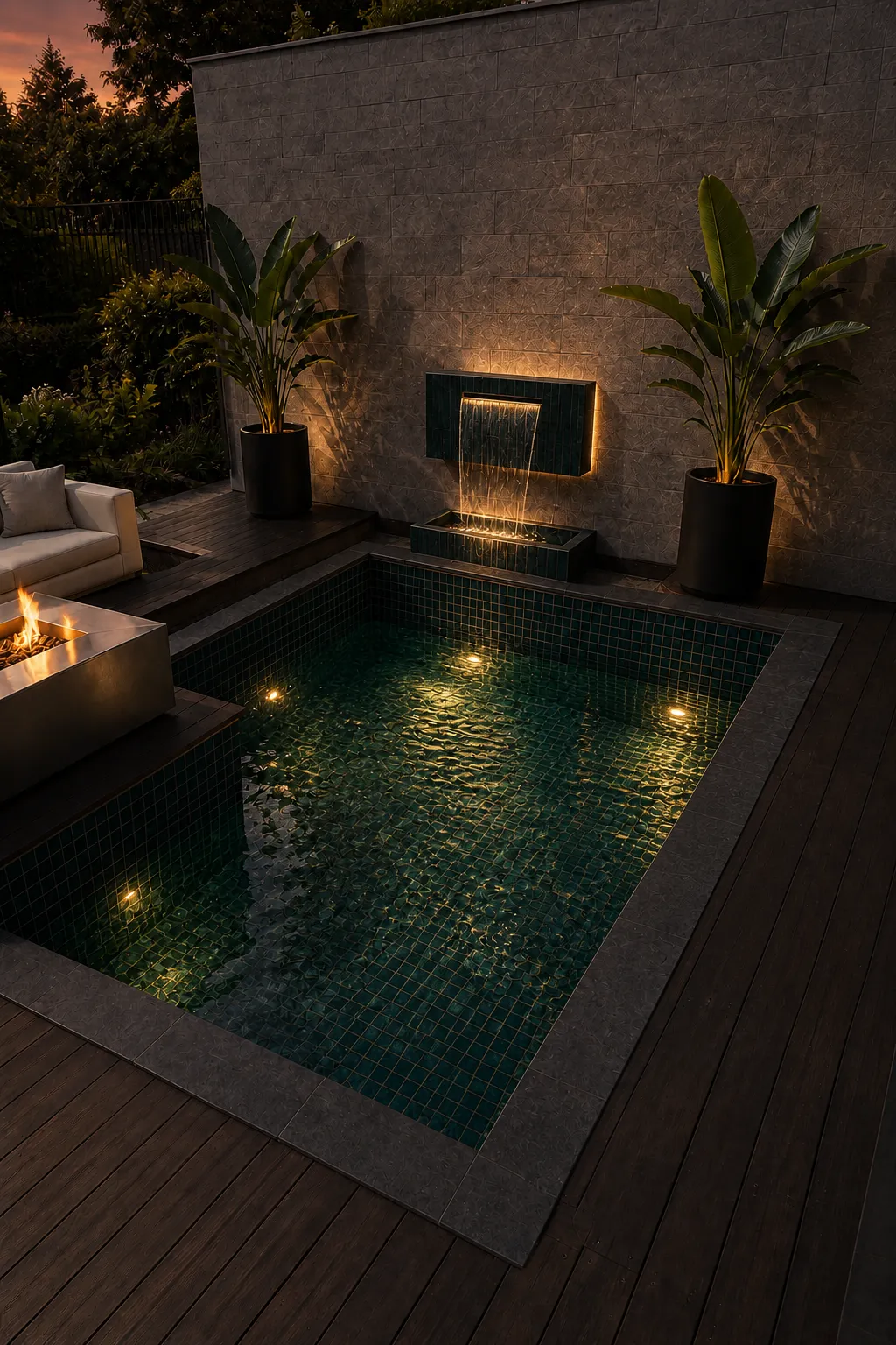 Piscina pequeña de gresite verde oscuro con lámina de agua y brasero
