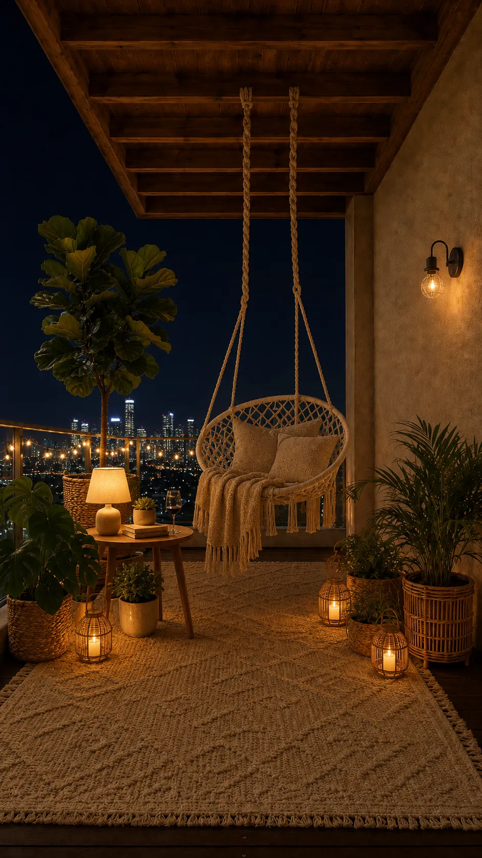 Balcón cubierto con silla colgante de macramé y vistas a la ciudad