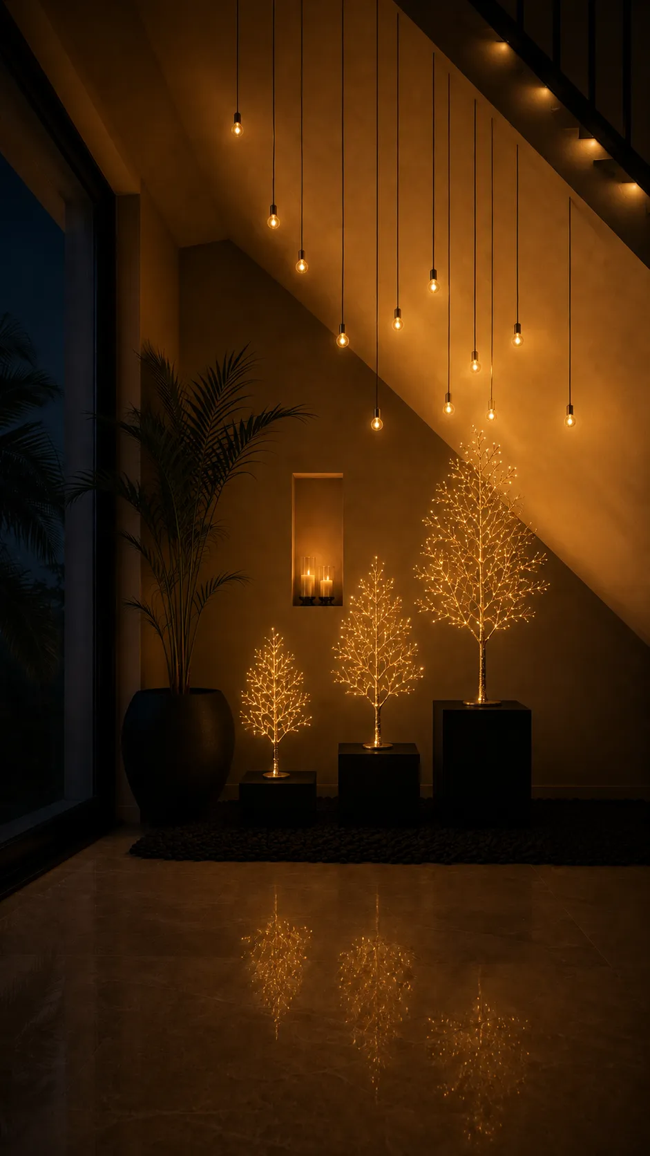 Hueco de escalera a doble altura decorado solo con luz