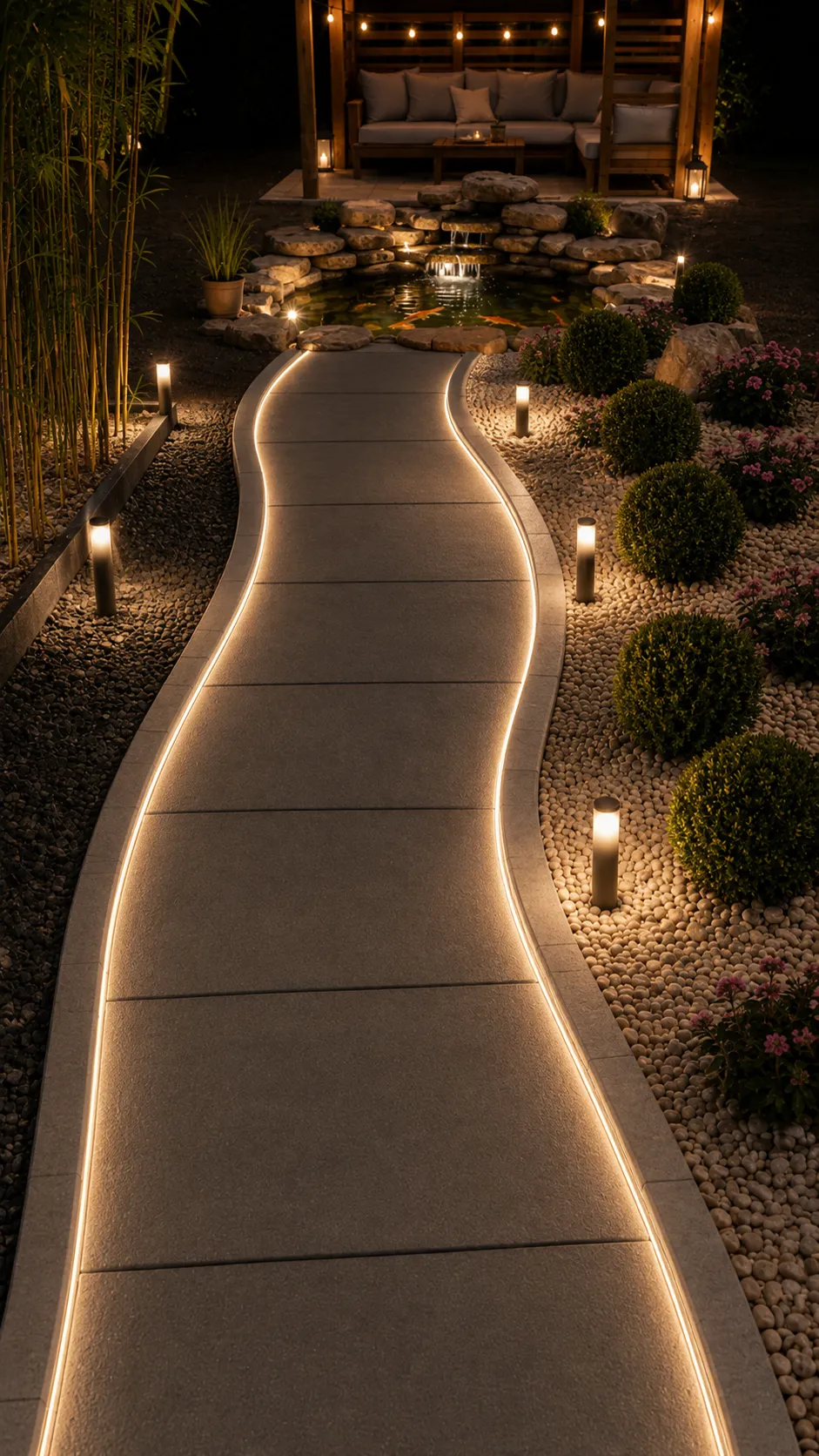 Camino de jardín iluminado en sus cantos que lleva a un estanque de koi