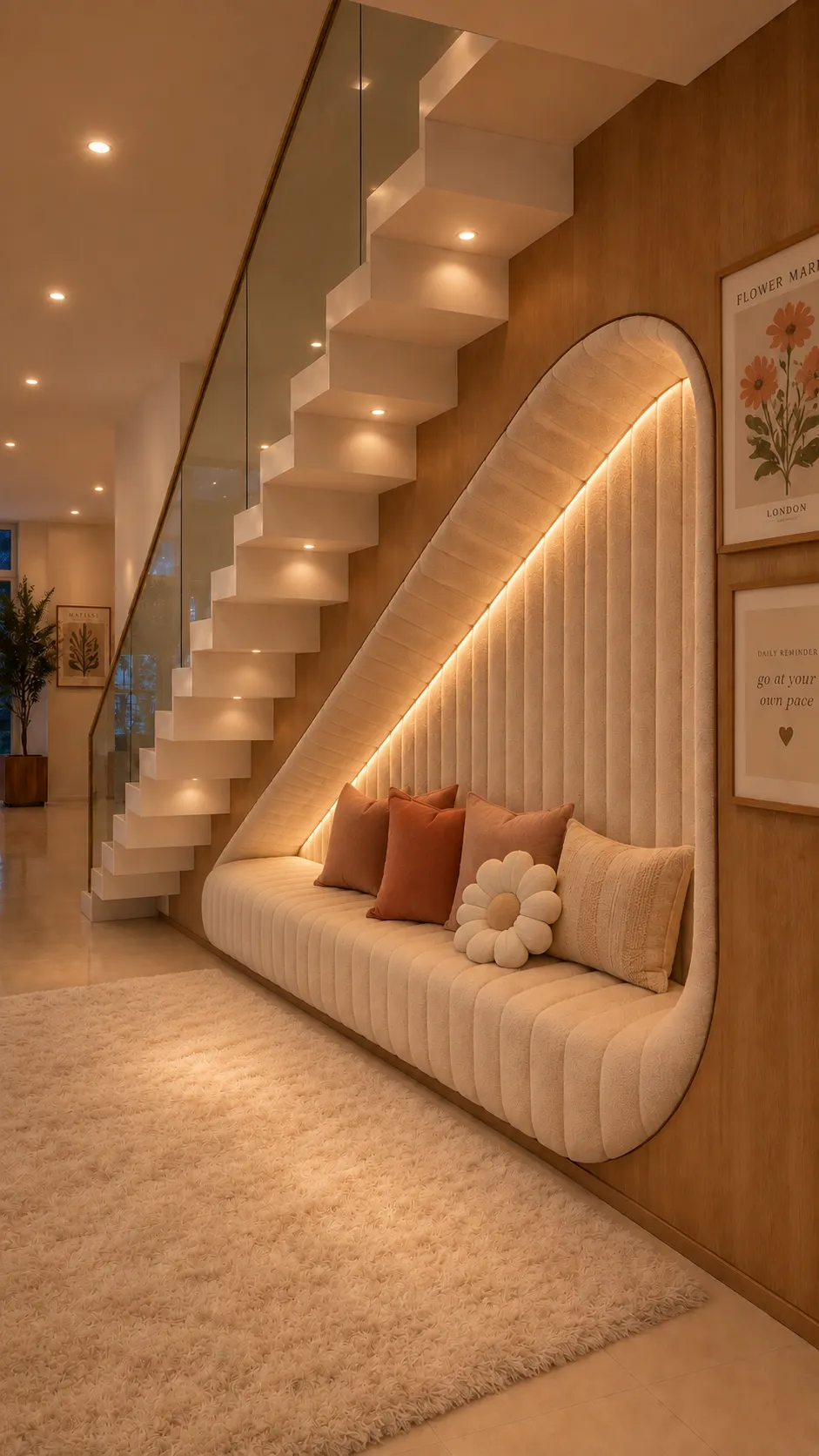 Rincón bajo la escalera tapizado en canalé con arco de luz y cojines terracota