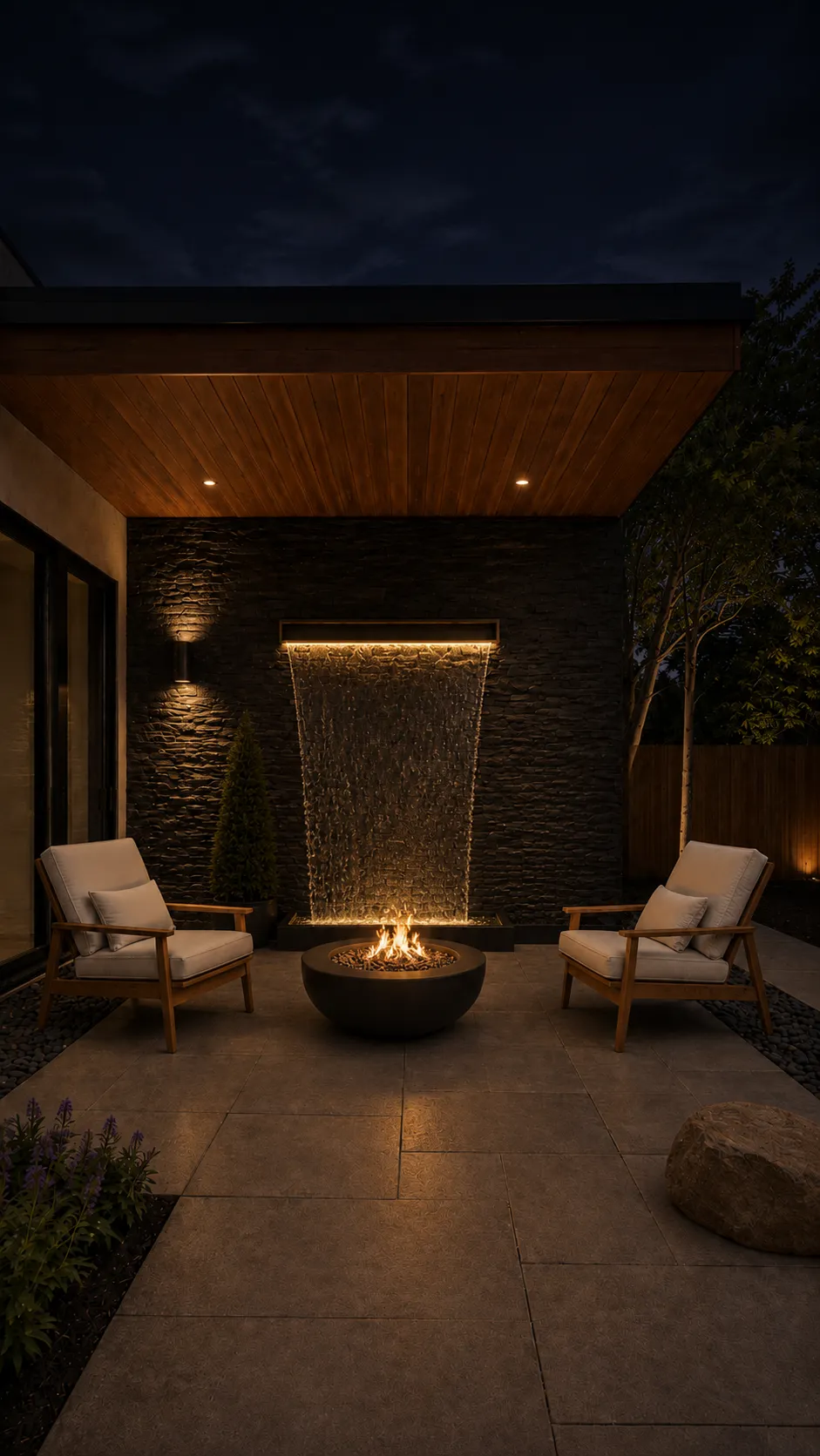 Patio nocturno con cascada de pared iluminada, brasero y muro de piedra oscura