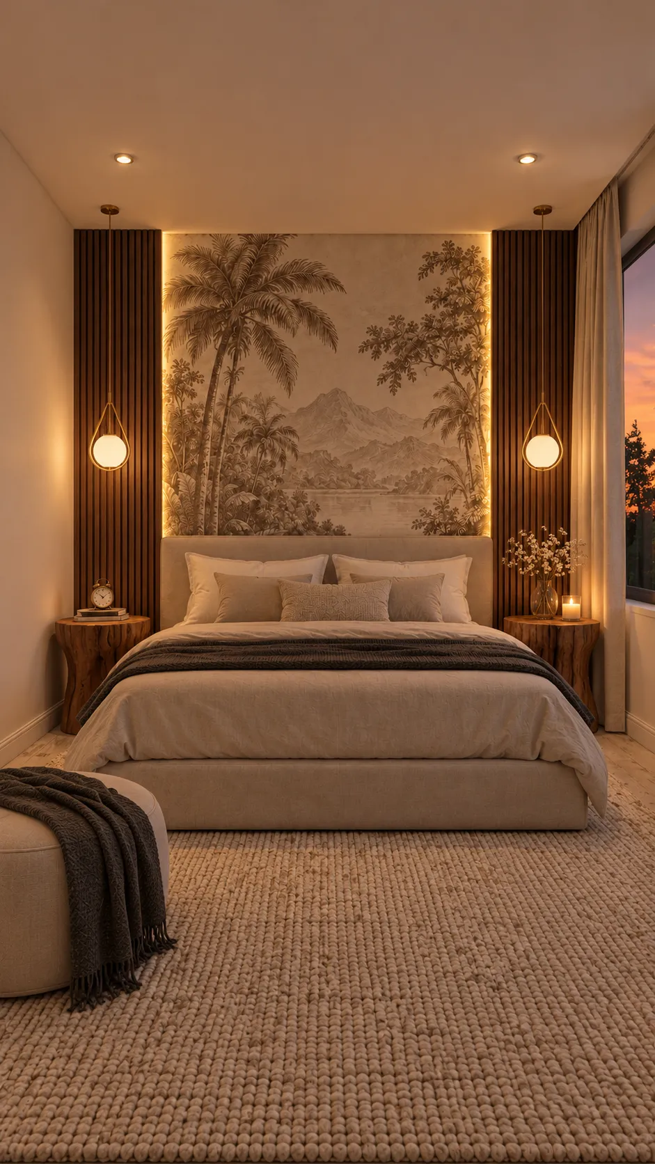 Dormitorio con mural tropical en sepia y paneles de listones en madera oscura