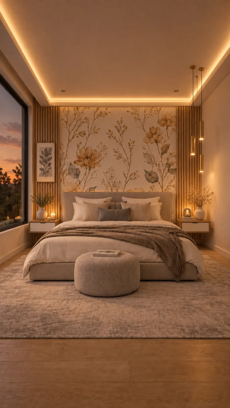 Dormitorio romántico con mural floral en ocre y paneles de listones iluminados