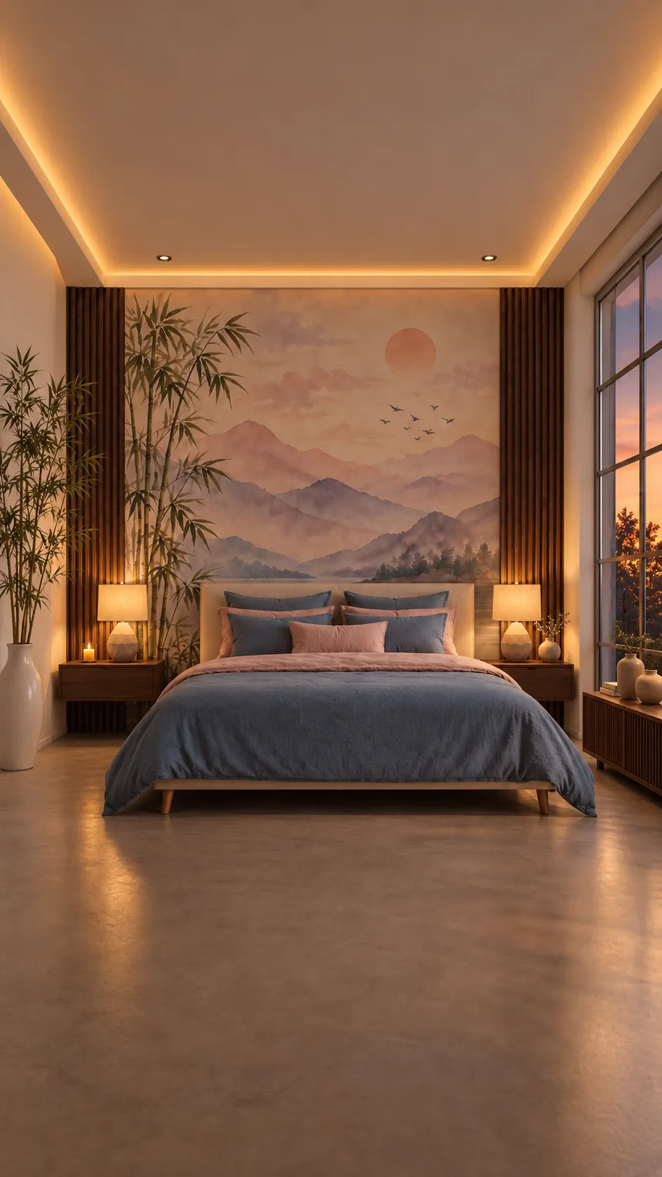 Dormitorio con mural rosa y ropa de cama en azul grisáceo