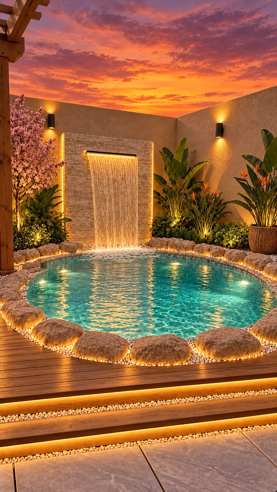 Piscina redonda bordeada de bolos con cascada de pared