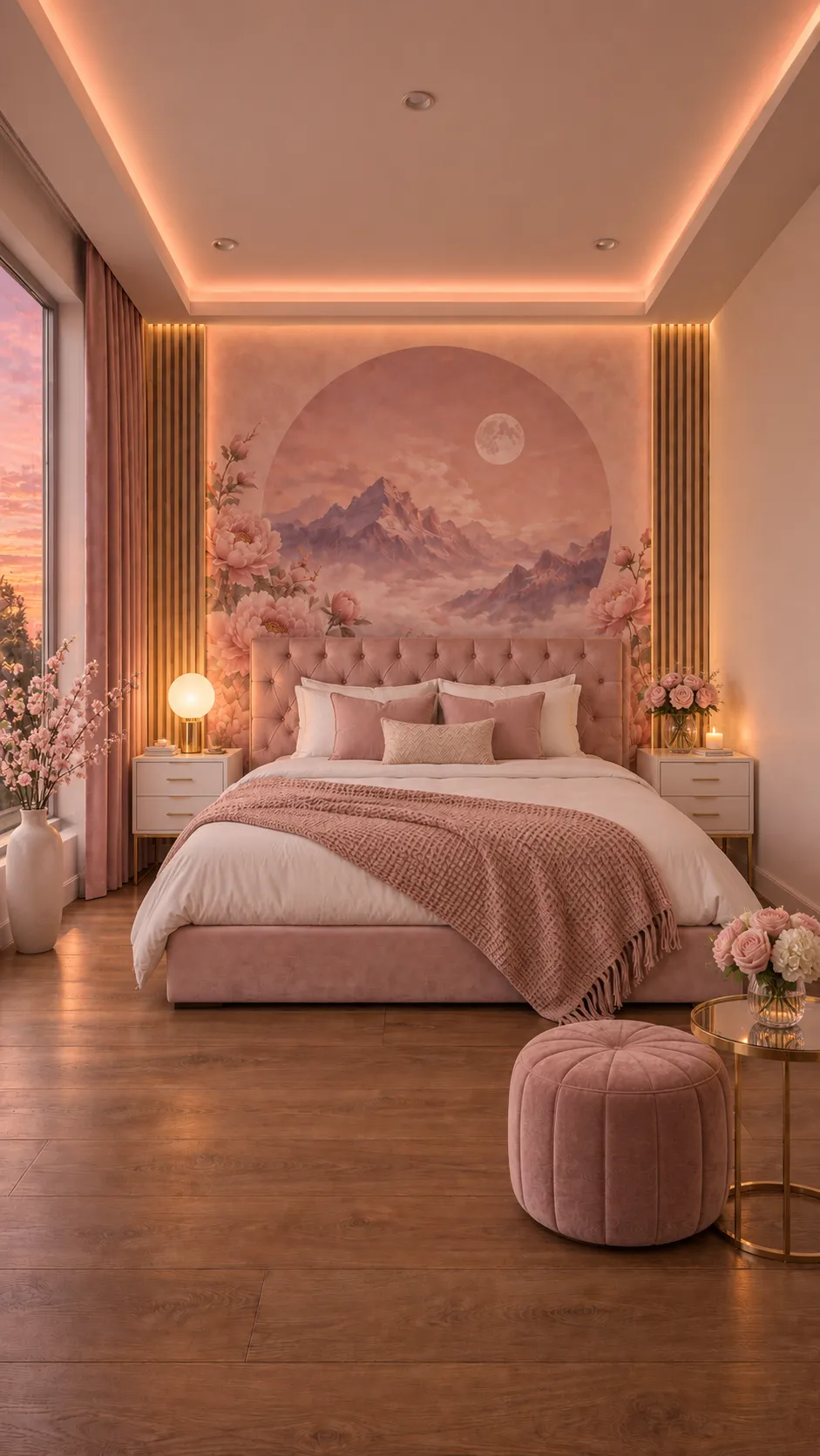 Dormitorio con mural circular de montañas y listón dorado